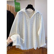 韩国白色镂空钩花蕾丝衫女2025春季新款宽松内搭磨毛针织打底上衣