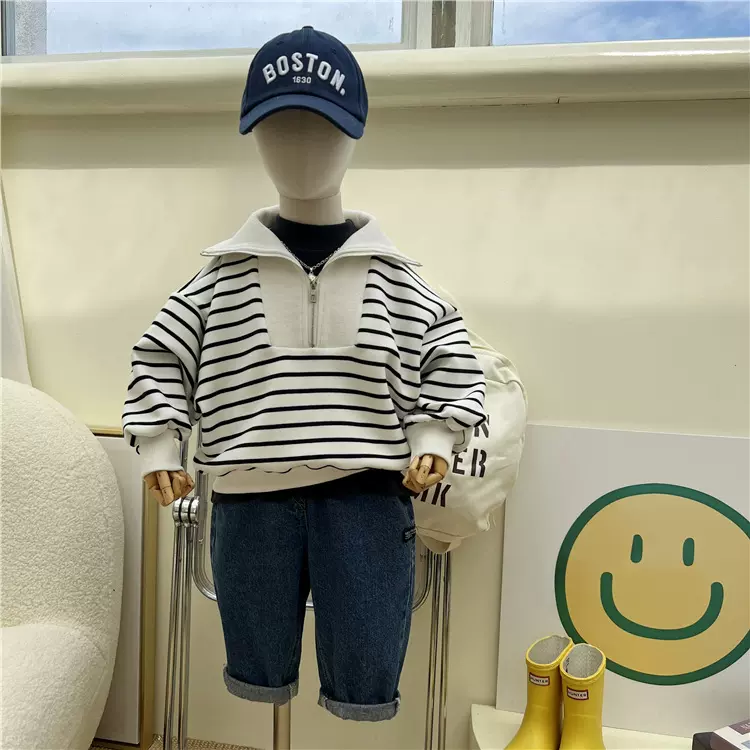 韩国童装秋季儿童条纹半拉链卫衣男童女童宽松翻领拼接长袖套头衫