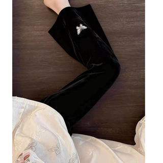2026超好看黑色丝绒蝴蝶刺绣裤子女垂坠感高腰微喇加绒加厚阔腿裤