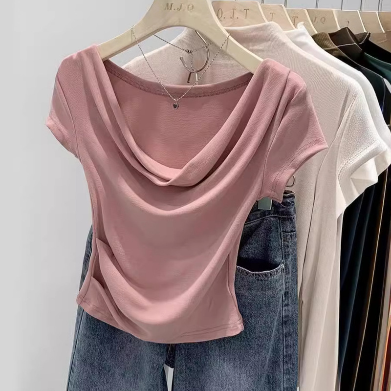 Ins design swing collar shoulder T-shirt women's short sleeve summer short top waist sexy pure shirt women's wholesale