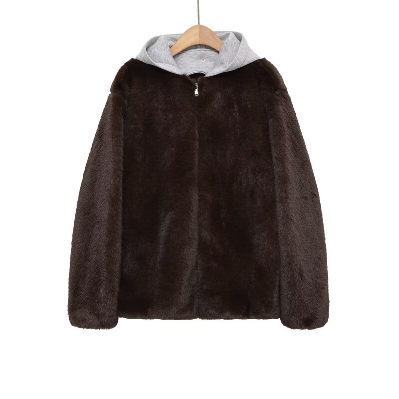 Cross-Border Export Autumn and Winter Women's European and American Style Artificial Fur Effect Hooded Bomber Jacket 6318288 Cross-Border Export Autumn and Winter Women's European and American Style Artificial Fur Effect Hooded Bomber Jacket 6318288