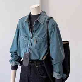 复古港风蓝色牛仔衬衫女春秋设计感叠穿百搭小个子正肩上衣外套潮