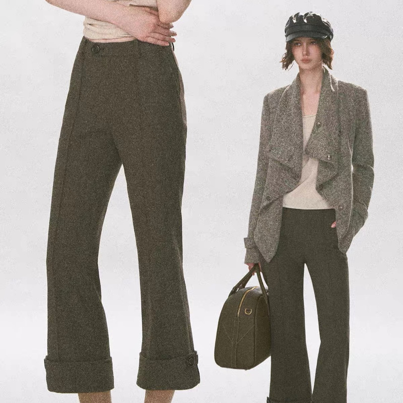 ANDYET AD1 rolled-hem, slightly flared, eight-point length suit pants; twill straight-leg casual pants, slimming, vintage, and suitable for work ANDYET AD1 rolled-hem, slightly flared, eight-point length suit pants; twill straight-leg casual pants, slimming, vintage, and suitable for work
