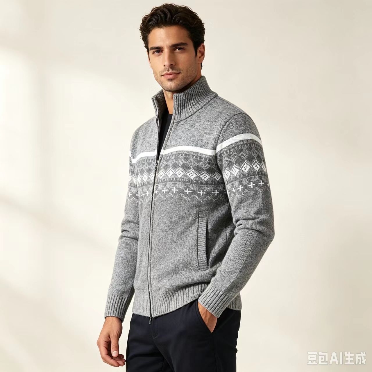 Cárdigan ajustado de jacquard para hombre, estilo casual, para otoño e invierno, de manga larga, urbano, cómodo para el día a día, tejido transpirable.