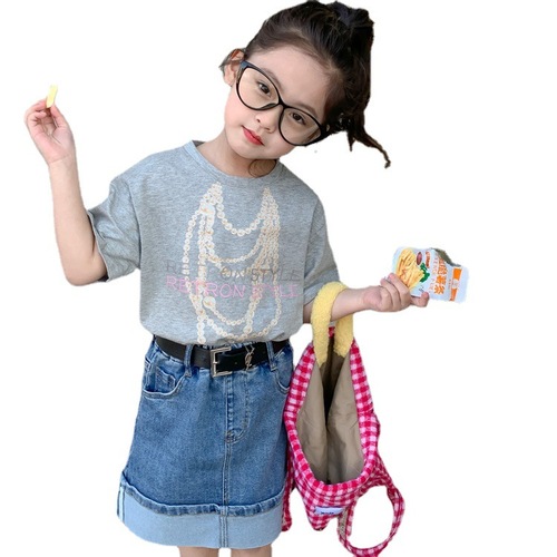 2023夏季女童韩版珍珠印花T恤针织衫中小童女宝短袖T恤上衣打底衫