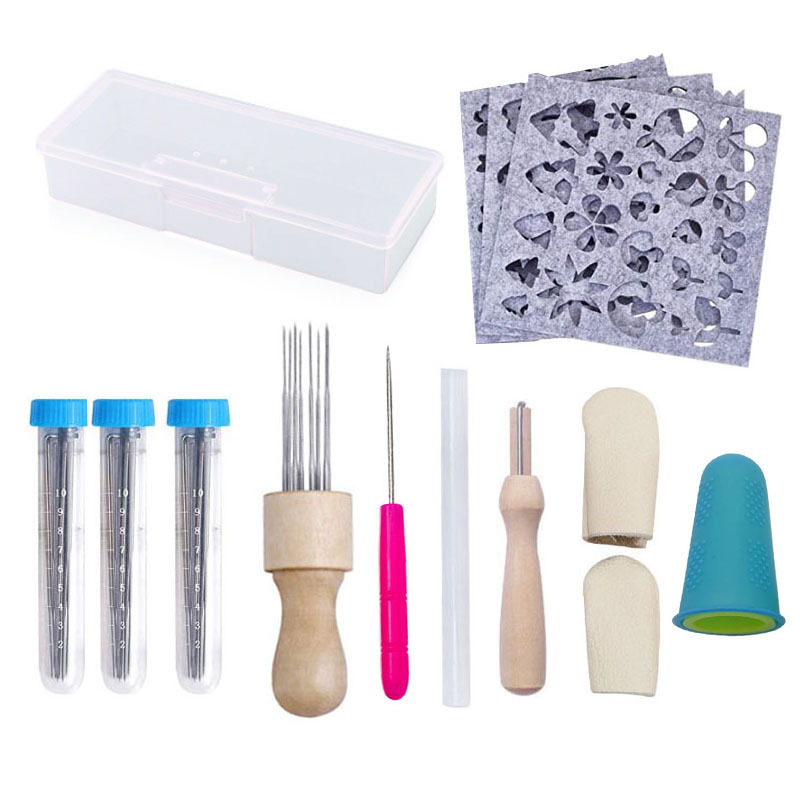 Fieltro de lana plantilla DIY herramientas de aguja de silicona caja de almacenamiento guinda de dedos de silicona madera sólida ocho aguja conjunto