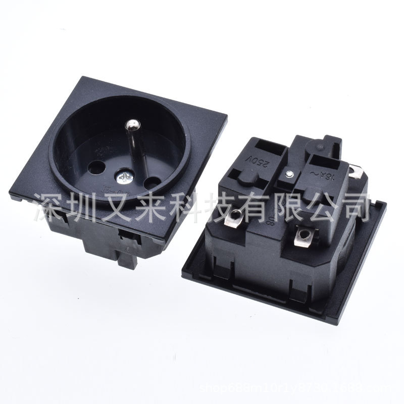 E-09欧规德标法式AC电源插座模块16A250V机柜嵌入式连带地线