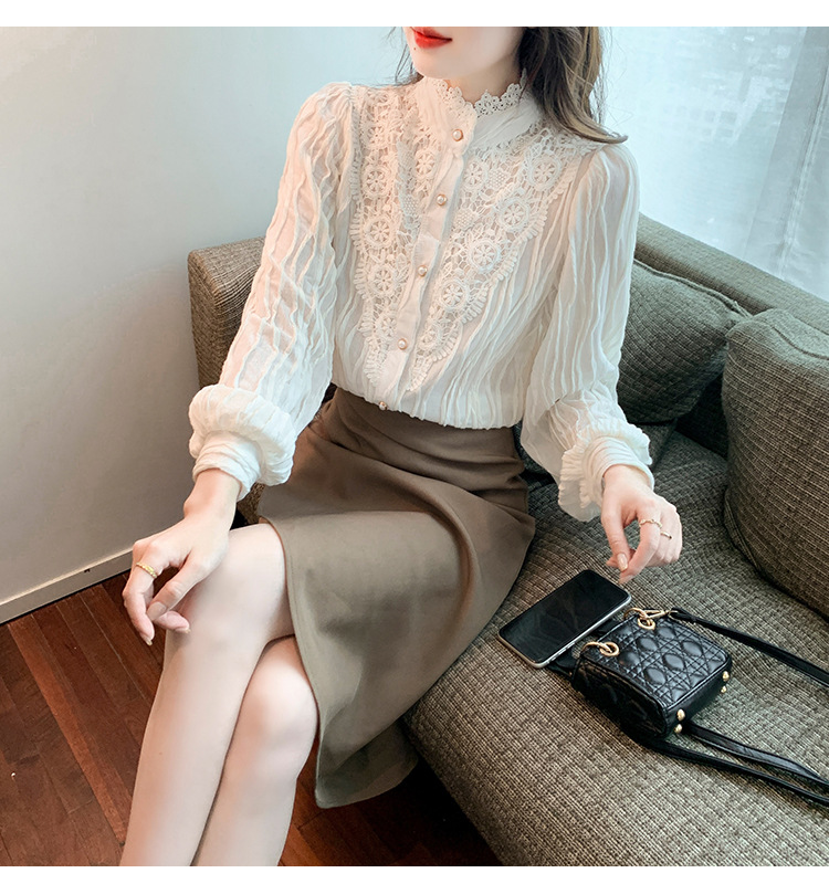 2022 Autumn/Winter new style fleece high-neck lace shirt chiffon shirt top, elegant base layer, fairy pic 8