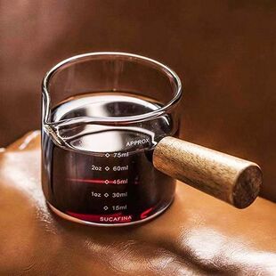 ✅ Small Graduated Milk Cup with Acacia Wood Handle, High Borosilicate Heat-Resistant Glass Mini Seasoning Measuring Cup for Espresso Extraction
