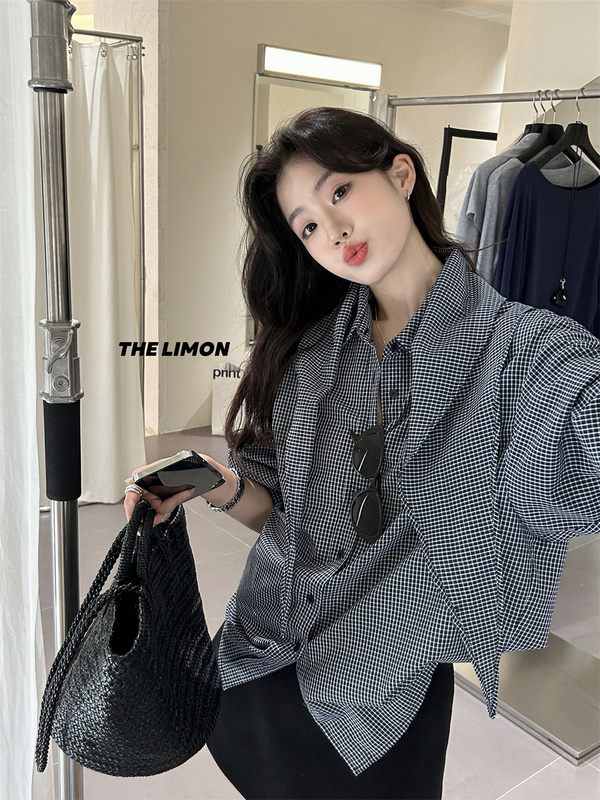 thelimon柠檬绿茶秋季法式简约格纹设计感绑带长袖衬衫女(配披肩)|undefined