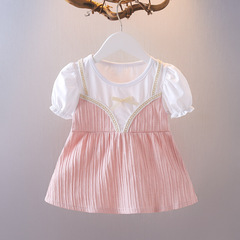 女童連衣裙夏天兒童小女孩短袖假兩件公主裙子嬰兒女寶寶一件代發