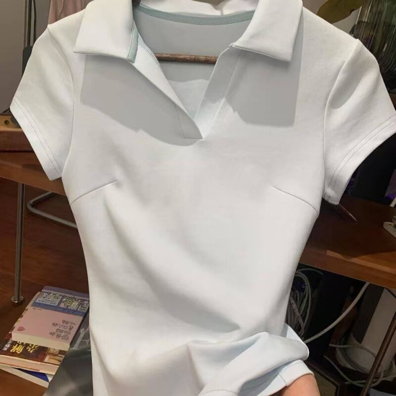 Blue Polo Collar Short-Sleeve T-Shirt for Women, Summer 2026 New Style, Slim Fit, Waist-Cinching, Short Top, Sleeveless