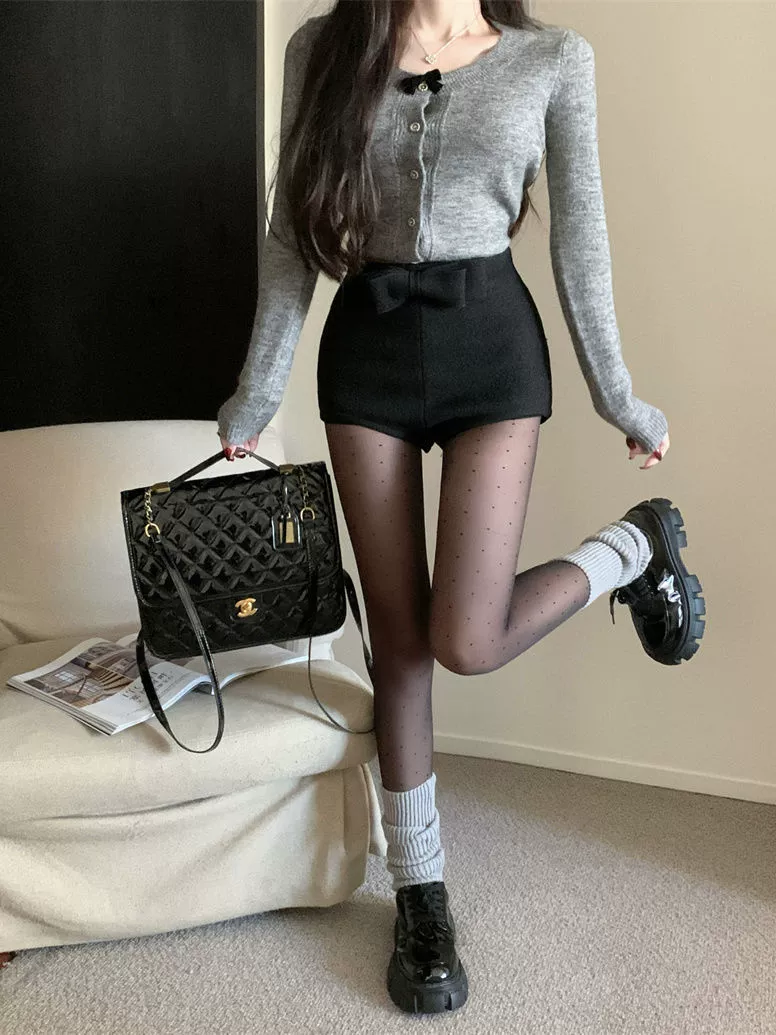 Шорты с бантиком с высокой талией женский 2024 осень горячая девушка с сапогами шорты тонкие ноги длинные брюки