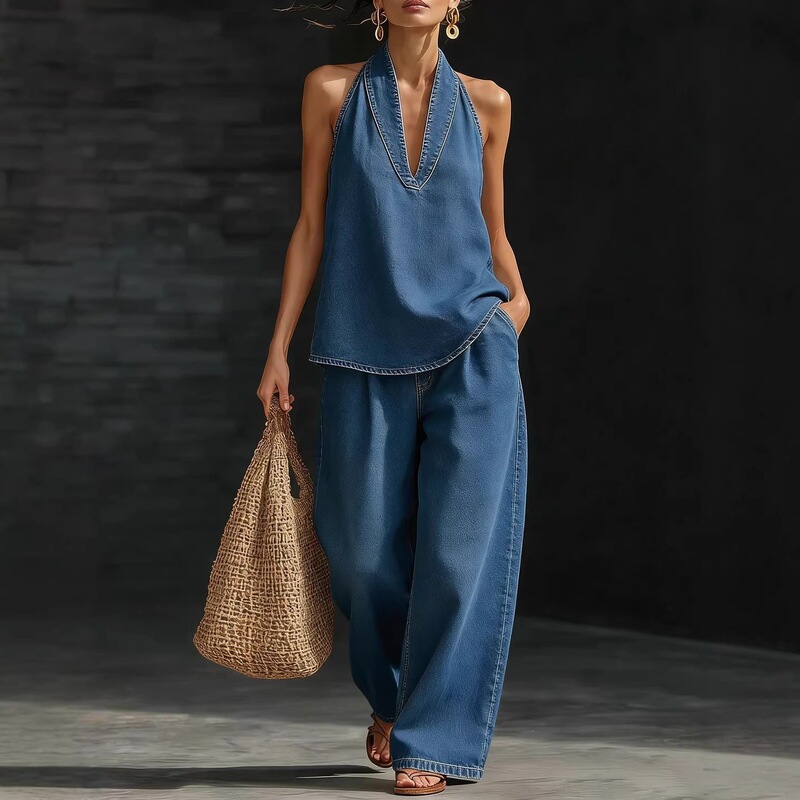European and American Cross-Border Summer New Vintage Washed Denim Set with a Natural Feel, Popular Straight-Leg Casual Long Pants for Women European and American Cross-Border Summer New Vintage Washed Denim Set with a Natural Feel, Popular Straight-Leg Casual Long Pants for Women