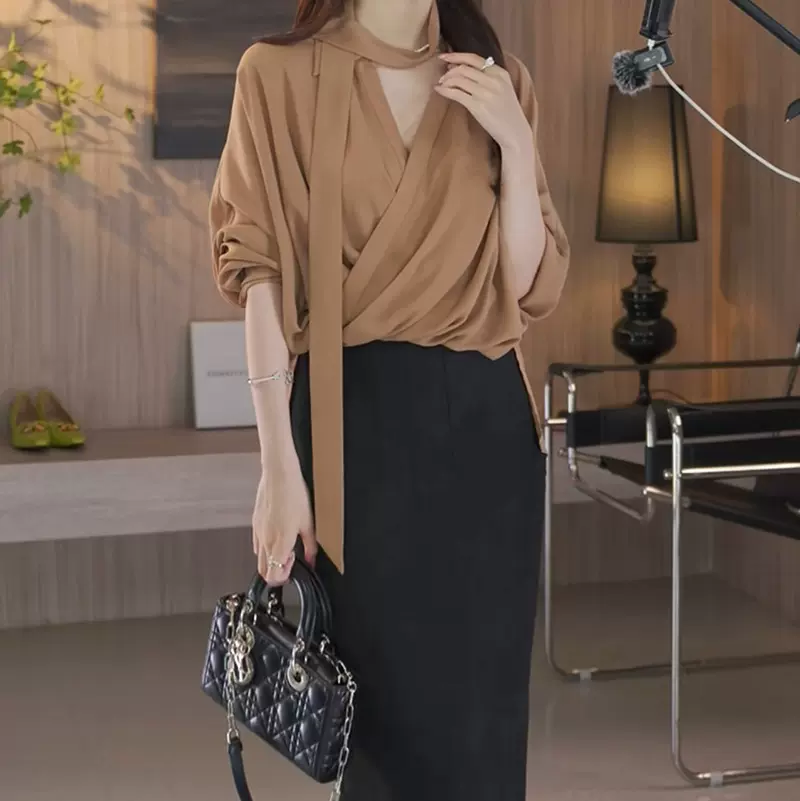 智性美韩女法式v领飘带长袖衬衫女春秋季新款纯色气质时尚上衣