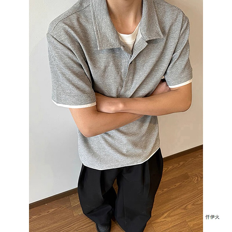Waffle Fake Two-Piece Polo Shirt Short-Sleeved Men's Summer Handsome High-End T-Shirt American Boxy Right Shoulder Half-Sleeve