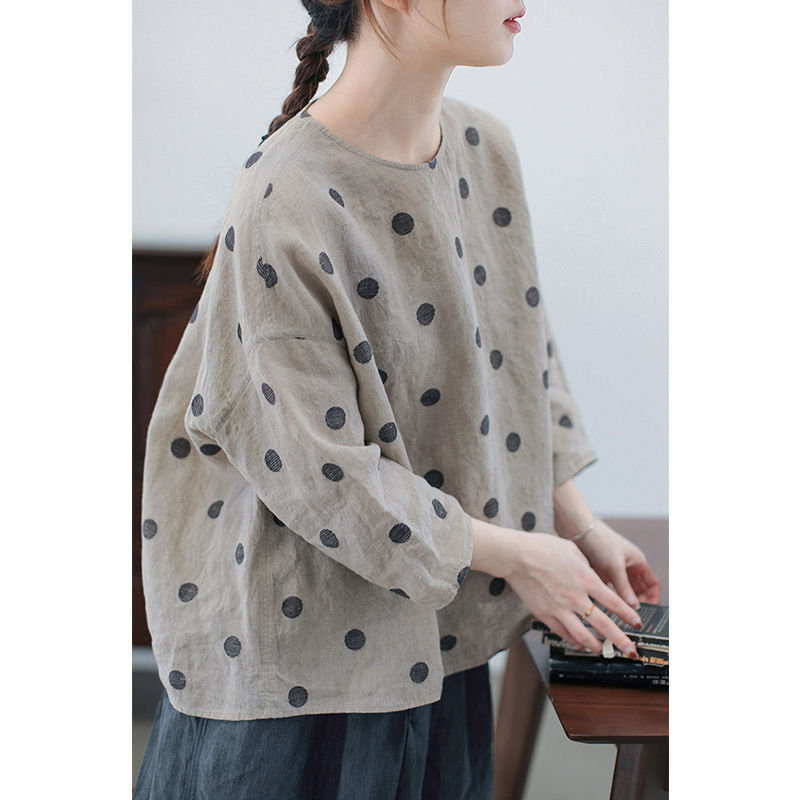 Summer Rain Dew Hemp Color Large Polka Dot Jacquard Round Neck Simple Pullover Loose Simple Shirt Summer Rain Dew Hemp Color Large Polka Dot Jacquard Round Neck Simple Pullover Loose Simple Shirt