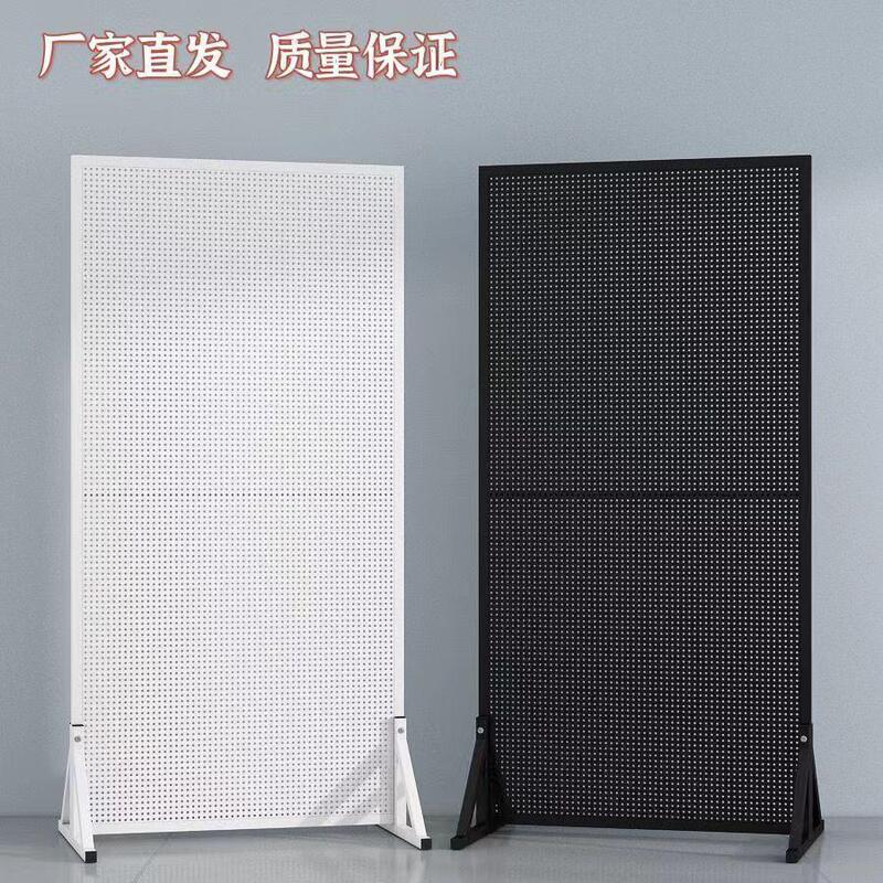 Wrought Iron Hardware Tool Pegboard Floor-Standing Shop Display Rack with Round Holes for Mobile Phone Accessories and Jewelry, Mobile Push-Pull Hanging Board Rack