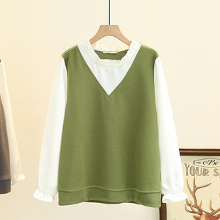 2024 early spring new 200kg fat sister Joker lace collar fake two large size women's sweater top 7714