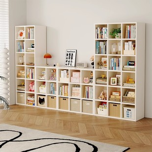 Solid Wood Bookcase, Whole Wall Integrated Wall Combination Grid Cabinet, Living Room Bookshelf, Floor-Standing Storage Rack, Storage Display Cabinet