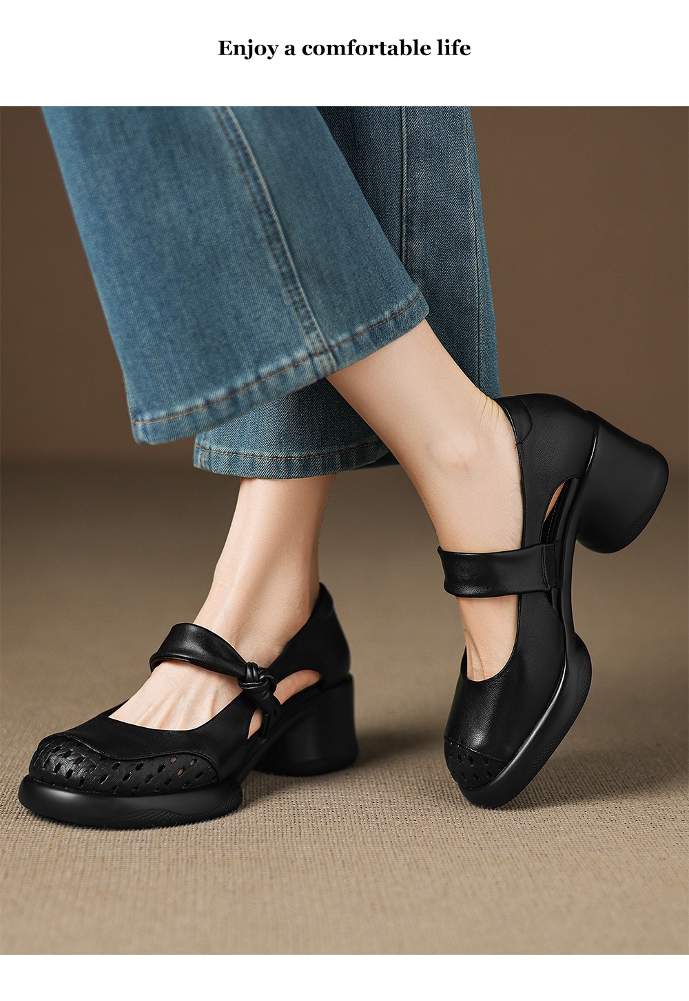 Giày sandal cao gót nữ quai ngang da bò mũi kín gót dày — đen chi tiết 9