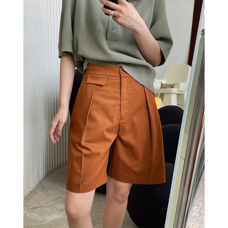 Summer New Blogger Style Fashionable Wool High-Waisted Wide-Leg Suit Mid-Pants Loose Slimming Look Bermuda Five-Point Pants for Women