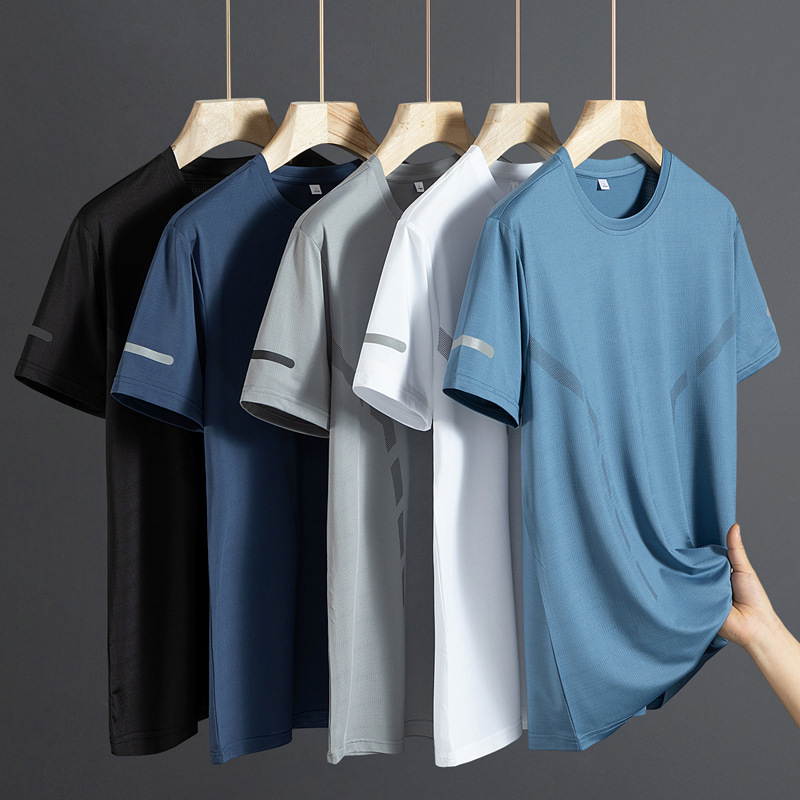 Verano nuevo hombre seda de hielo manga corta larga larga delgada transpiración deportiva al aire libre rápido secado casual camiseta de cuello redondo