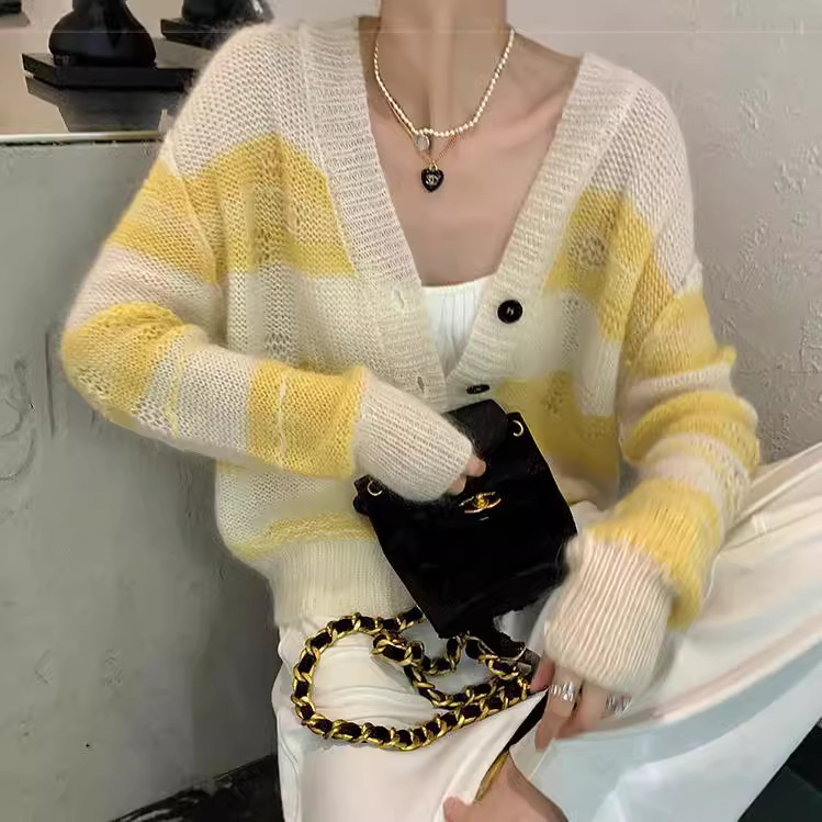 In Stock/ 13 Mohair Sweater Cardigan for Women, New Loose V-Neck Striped Spring and Autumn Thin Knit Cardigan