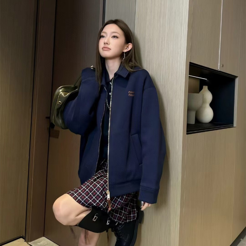 原标MIU缪家网红款徽标LOGO皮标藏青色太空棉翻领夹克外套男女|undefined