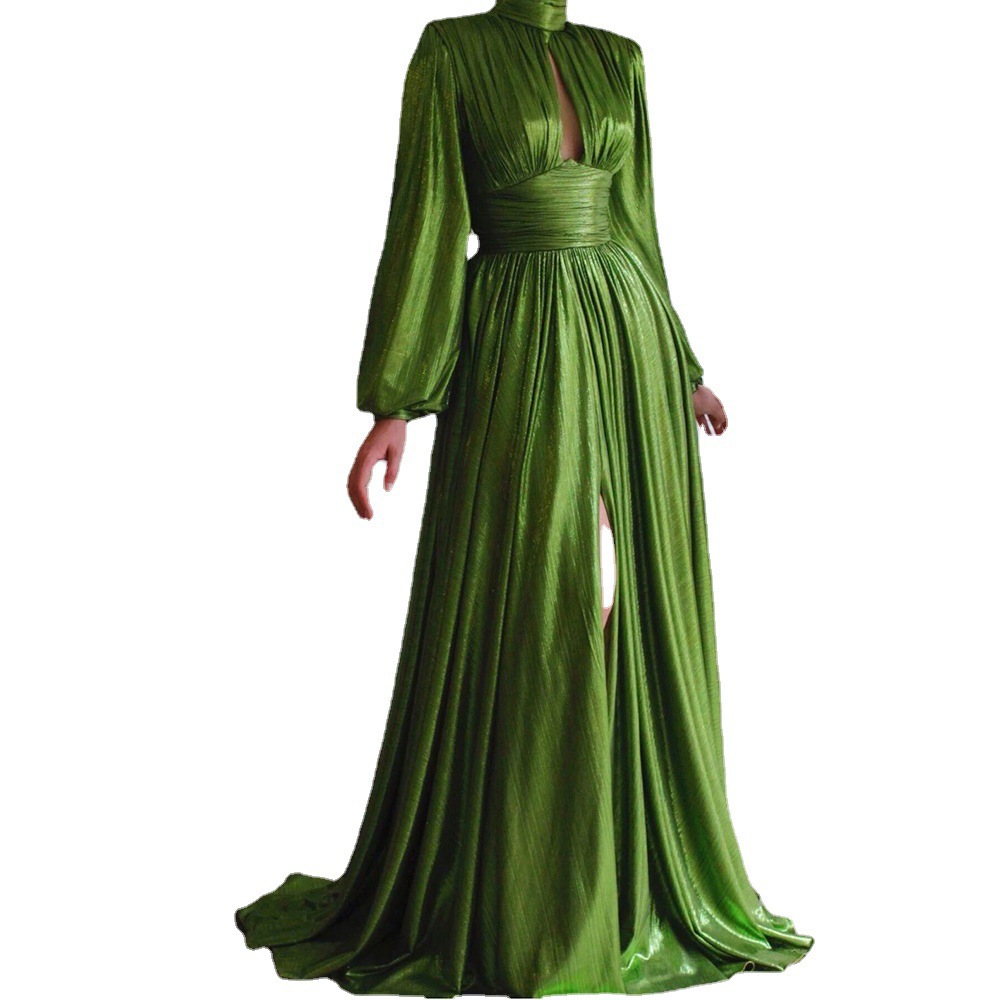 Abbigliamento da donna Abito con scollo a V e vita alta in stile palazzo di alta qualità, gonna a ruota grande, avocado verde_voghion.com