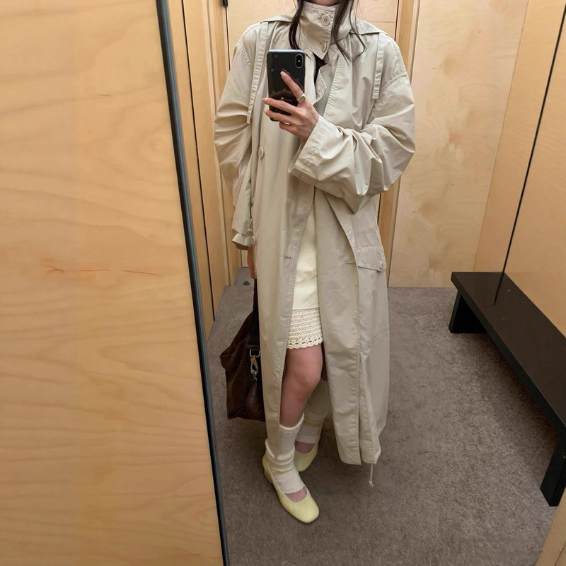Lem26Ss Series Casual and Relaxed Lime White Double-Breasted Drawstring Lightweight Stand-Collar Long Trench Coat for Women