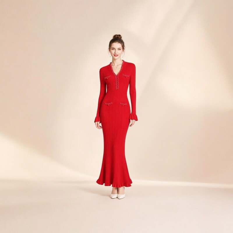 Red Knitted Dress for Women, Autumn and Winter, V-Neck, Beaded, Flared Sleeves, Slim Fit, Fishtail Long Dress, Elegant Evening Gown
