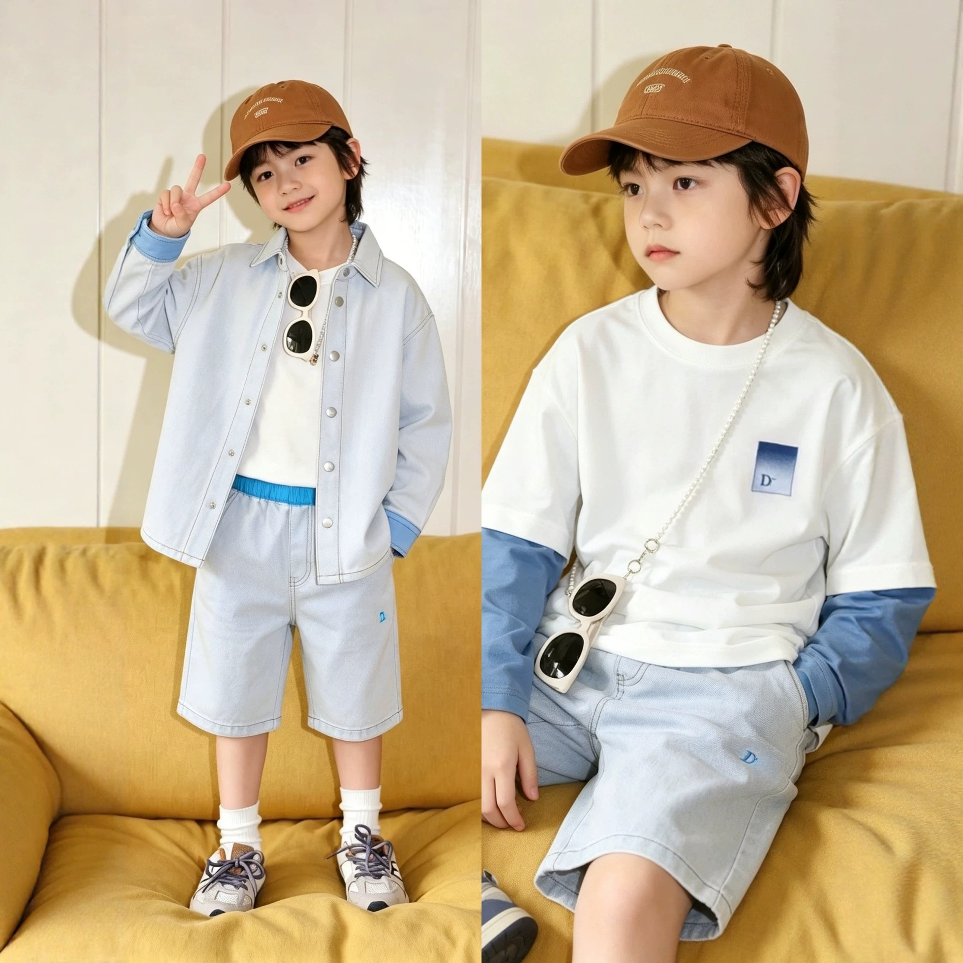 Children's clothing in stock CD26, new autumn and winter, suitable for boys and girls, light-colored denim color-blocked shirt jacket/color-blocked long-sleeve T-shirt