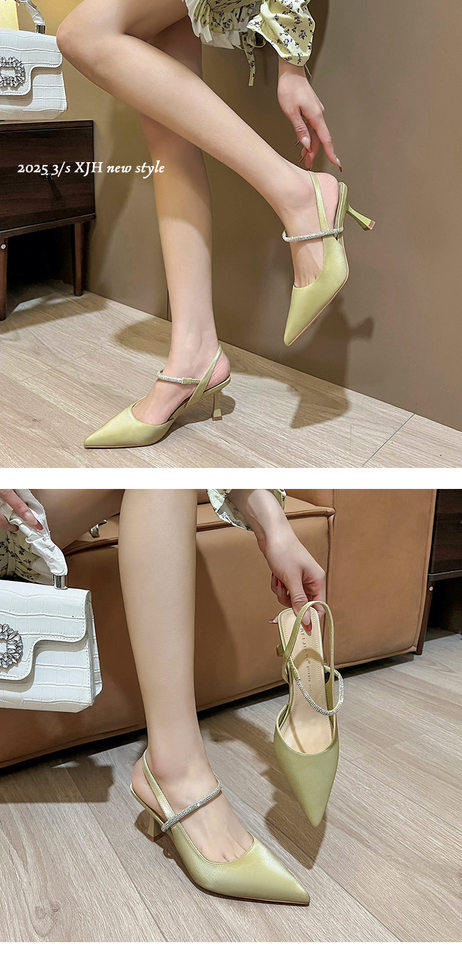 Sandal nữ bít mũi quai ngang đính đá, gót nhọn 6–8 cm — Màu kaki, Màu trắng be, Màu vàng nhạt chi tiết 11