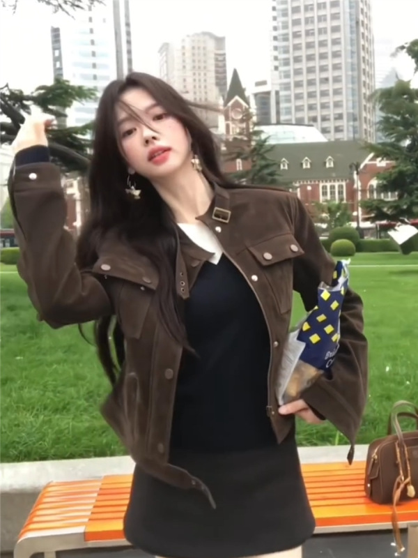 美式复古辣妹立领夹克外套女秋季新款宽松短款工装巨好看的上衣|undefined