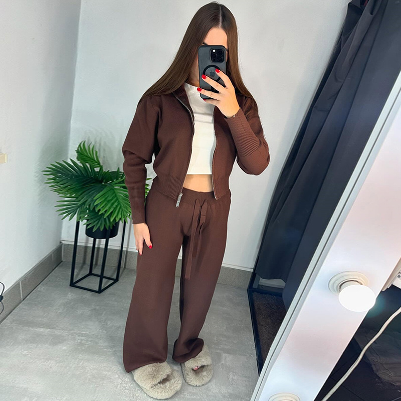 欧美跨境女装2025秋冬新款休闲长袖拉链针织外套系带阔腿长裤套装|undefined
