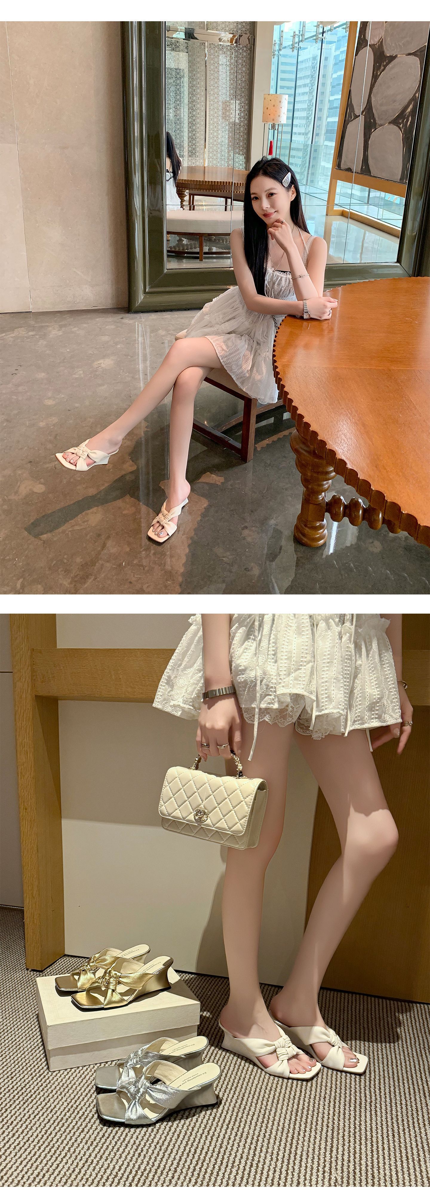 Sandal cao gót nữ mũi vuông hở ngón đế xuồng quai chéo — màu vàng, màu trắng ngà, bạc chi tiết 16