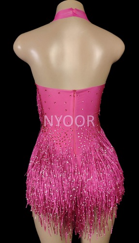 women gold pink blue jazz dance wear gogo dancers dance dress halter Neck Tassel Bright Diamond Sleeveless Hanging Neck jumpsuits Latin Dance Competition leotards