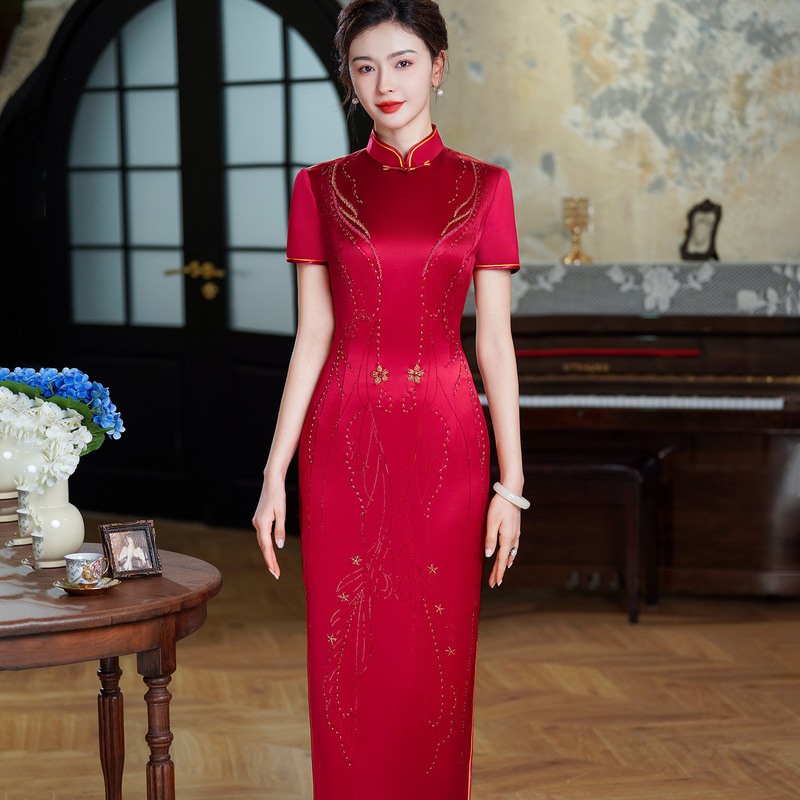 Tanghuangyun's Mother Wears a Long Cheongsam at the Wedding, Authentic Triacetate Lady's Mother-In-Law Dress
