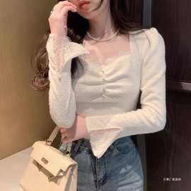 小香风喇叭袖方领上衣女秋冬蕾丝边毛绒加厚针织衫打底衫内搭毛衣