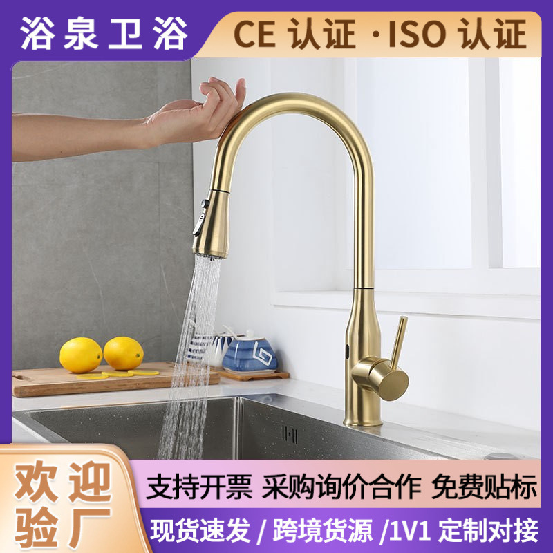 Golden Kitchen Stainless Steel Sink Pull Type Spray Head Vegetable Washing Basin Smart Touch Foreign Trade Kitchen Touch Faucet Golden Kitchen Stainless Steel Sink Pull Type Spray Head Vegetable Washing Basin Smart Touch Foreign Trade Kitchen Touch Faucet