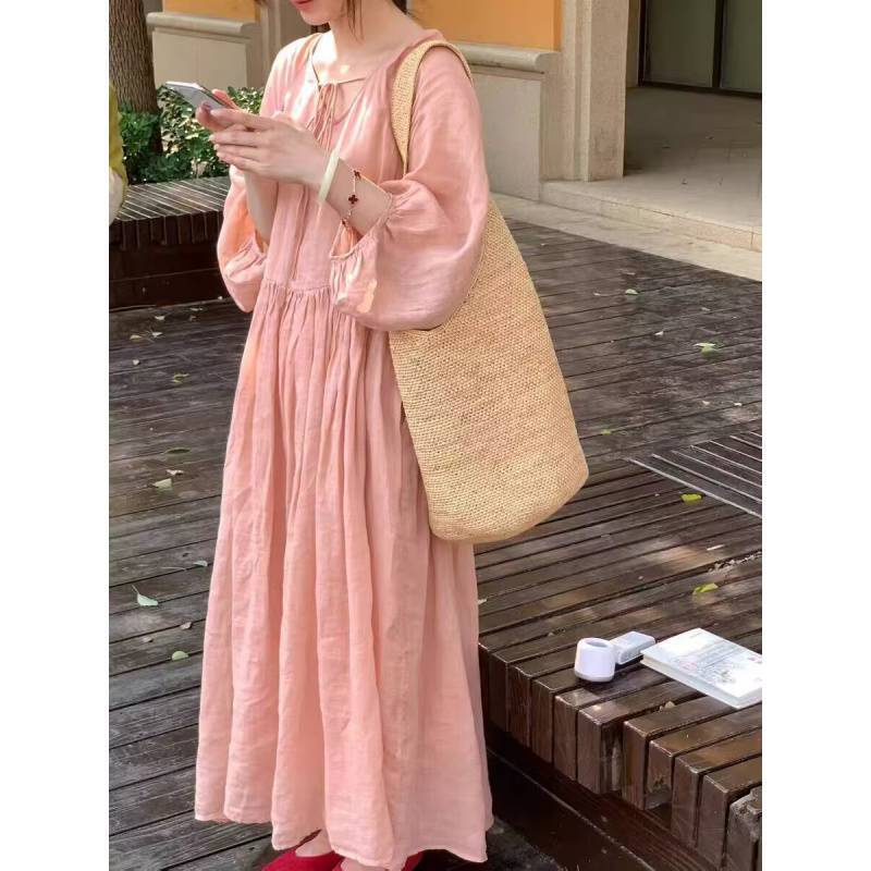Early Autumn New Pink Pure Ramie Solid Color Large Size Collar Lace-Up Dress Loose Women's Skirt