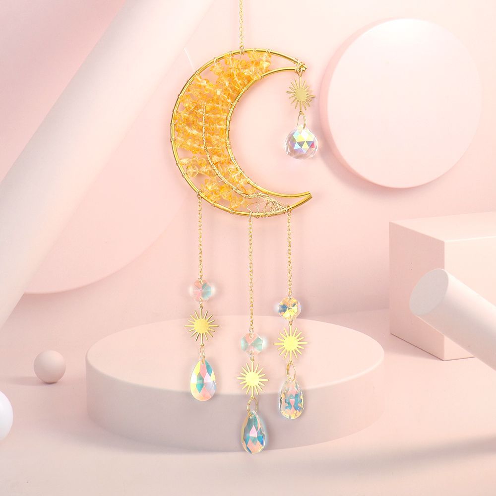 Hecho a mano bobinado natural cristal grava vida árbol Luna Sol catcher adornos campanas de viento colgante decorativo T02
