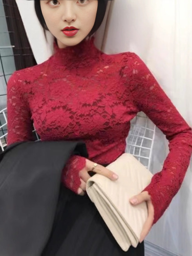 Women's Lace Camisole Top with Slits, Slimming Long-Sleeved and Short-Sleeved T-Shirt, Autumn/Winter Semi-High Collar, Body-Fitting Top for Wholesale and Dropshipping.