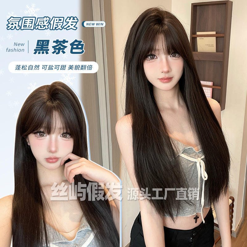 Silk Island Wig Summer New Women's Natural Realistic Bangs Black Long Straight Hair Round Face Natural Full Head Cover