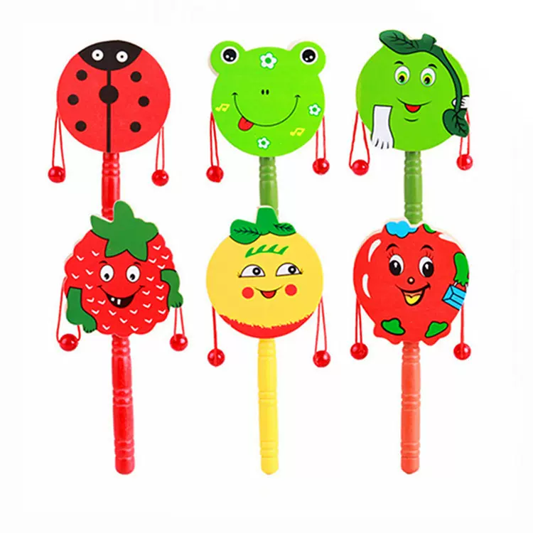 创意木制拨浪鼓 卡通水果动物款传统木质波浪鼓摇铃发声玩具批发