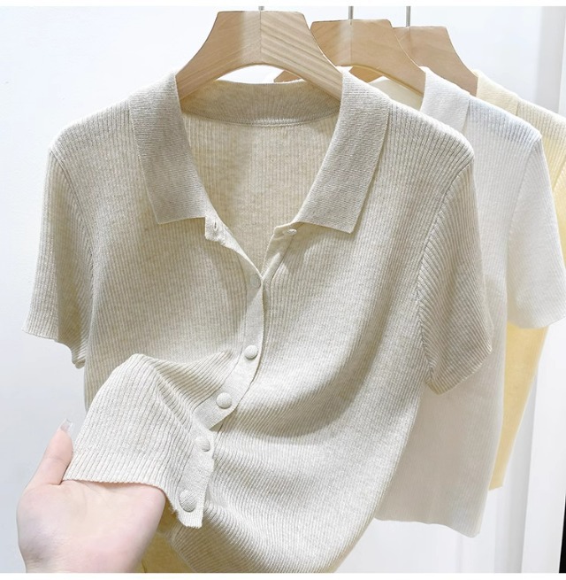 Áo thun polo nữ tay ngắn cổ bẻ chất liệu len lụa mát mẻ — màu trắng chi tiết 4