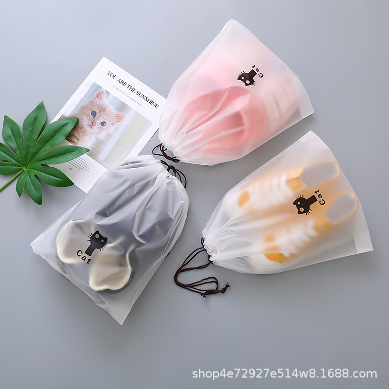 Drawstring clothing, shoe, and travel storage bags; matte-finish socks and shoes plastic packaging bags; wholesale plastic drawstring bags.