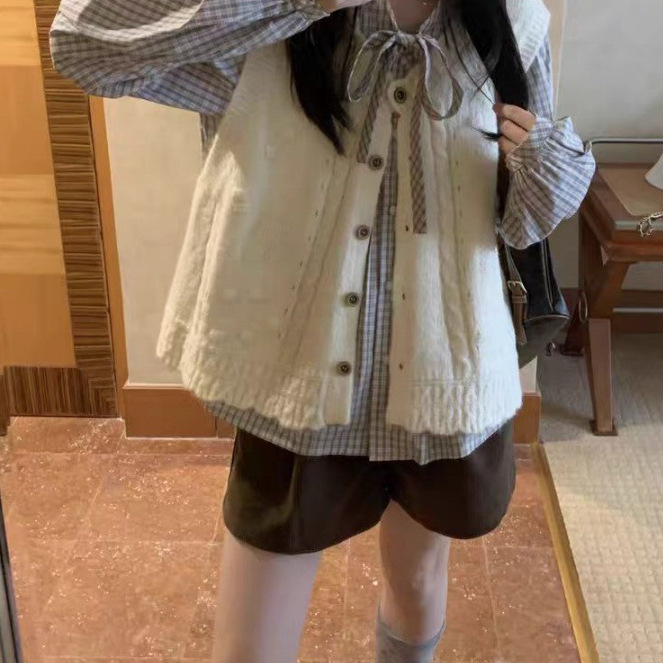 2025秋季新款女装黑白格飘带叠穿衬衫+百搭针织马甲无袖上衣|undefined