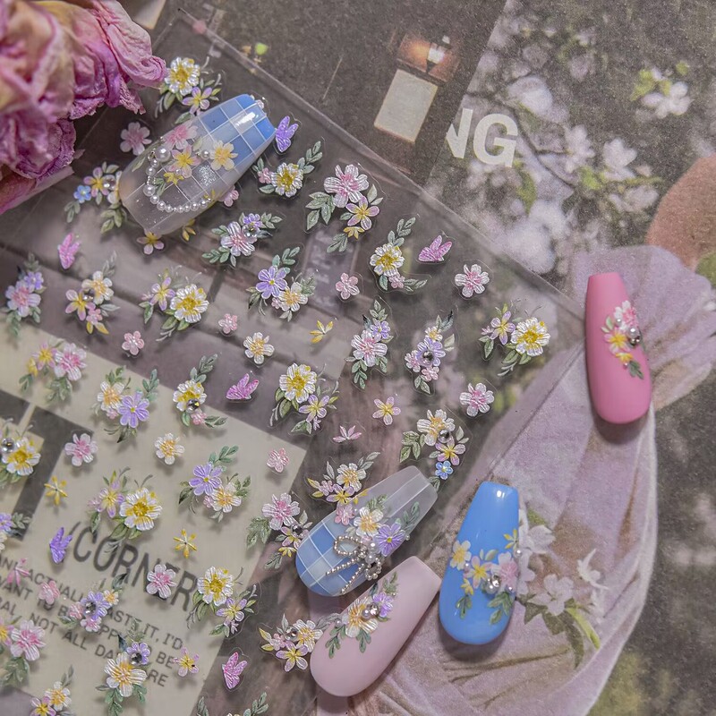 Tomoni Manicure Relief Crystal Diamond Oil Painting Romantic Flowers Purple Garden Wild Daisy Flower Nail Stickers